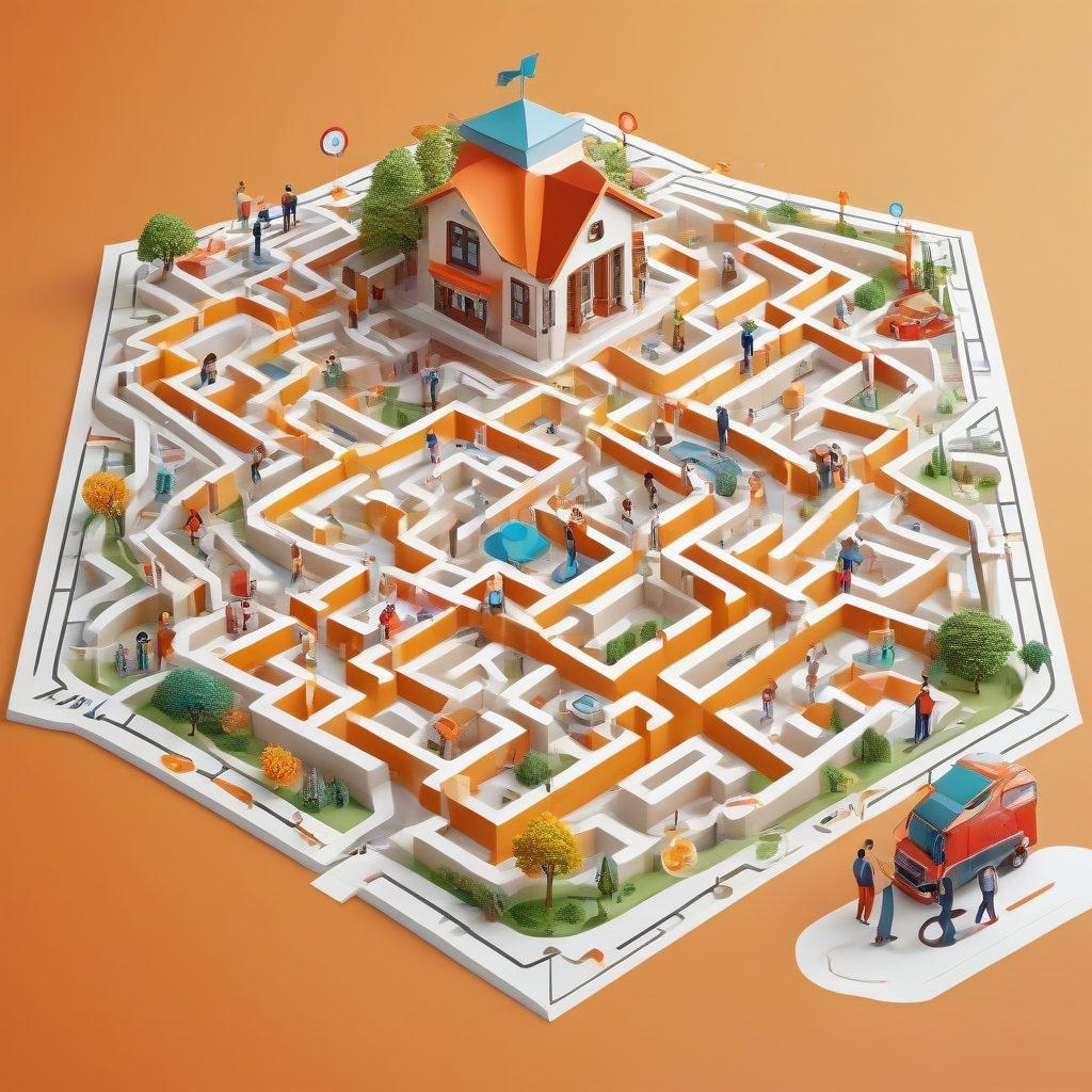 A vibrant visual depicting a diverse group of people navigating a maze of insurance policies and coverage options, surrounded by floating icons representing various types of insurance (health, auto, home, etc.). Include a bright, engaging color palette that conveys a sense of guidance and clarity, with a prominent compass or roadmap in the foreground to symbolize navigating solutions. The overall feel should be approachable and informative, emphasizing affordability and comprehensive coverage. vector art. vibrant colors.